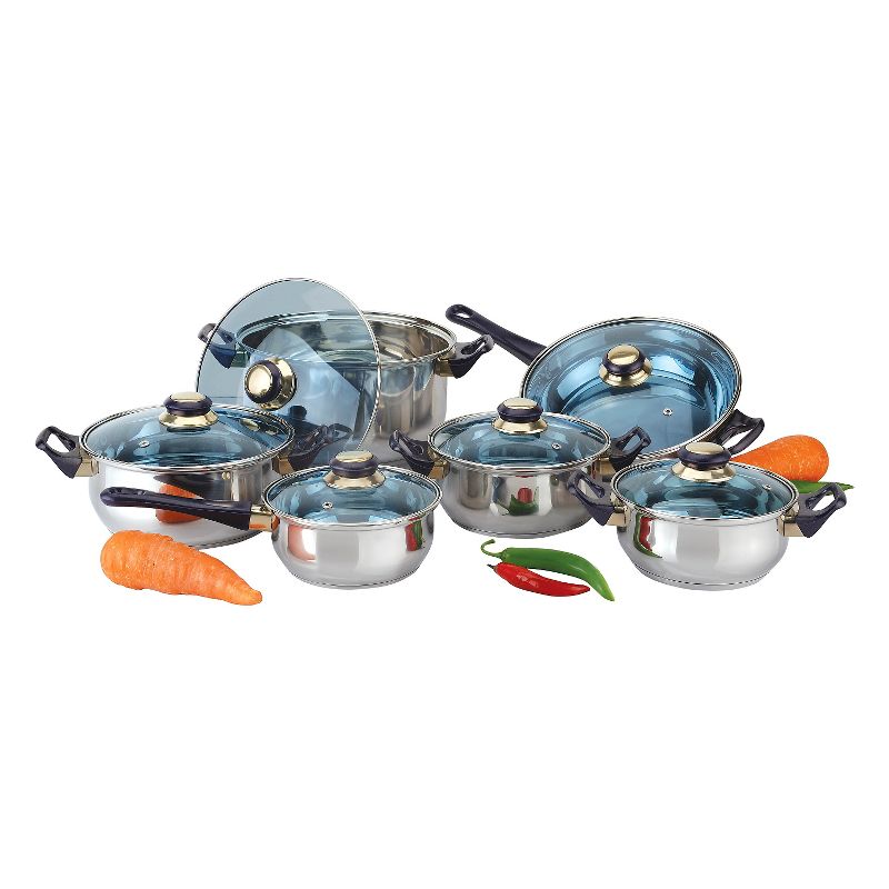 Gourmet Chef 12 Piece Stainless Steel Cookware Set with Blue Handles and Knobs