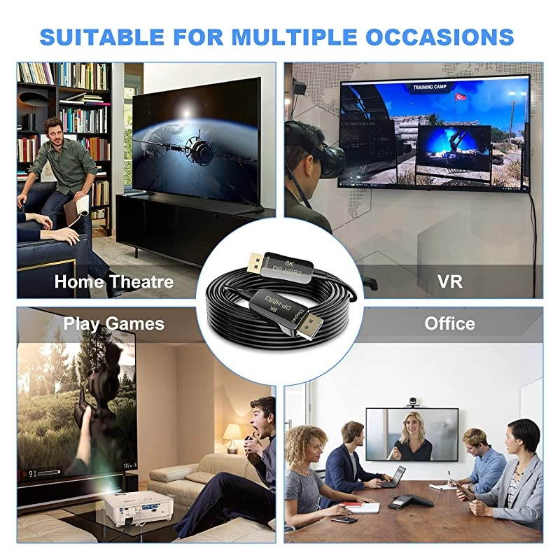 Fiber 8K 4K DisplayPort Cable DP 14 HBR3 8K60Hz 4K144Hz High Speed 324Gbps Optical Fiber Slim and Flexible DP to DP Cable 20m 65ft