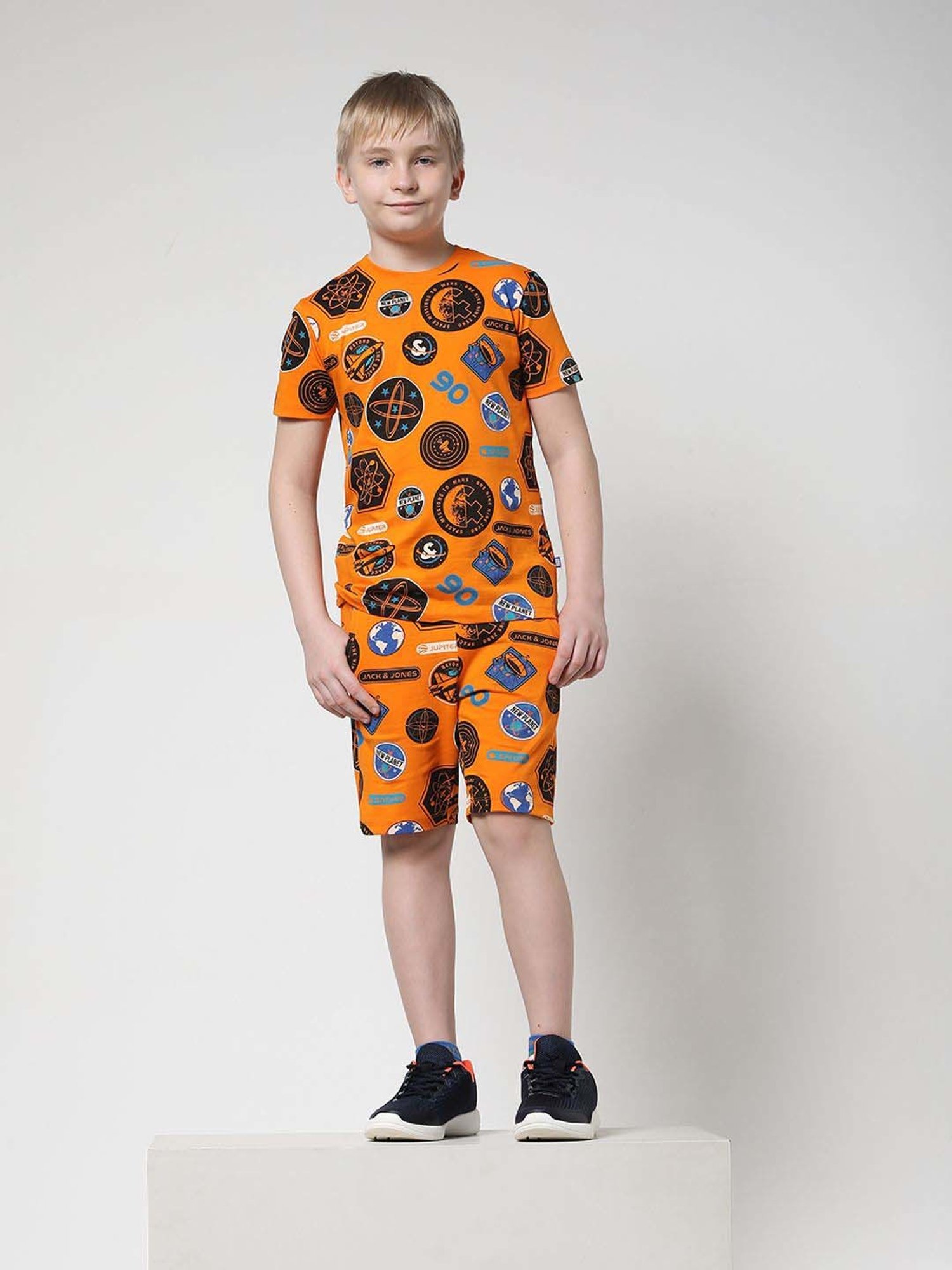 Jack & Jones Junior Orange & Blue Cotton Printed Shorts