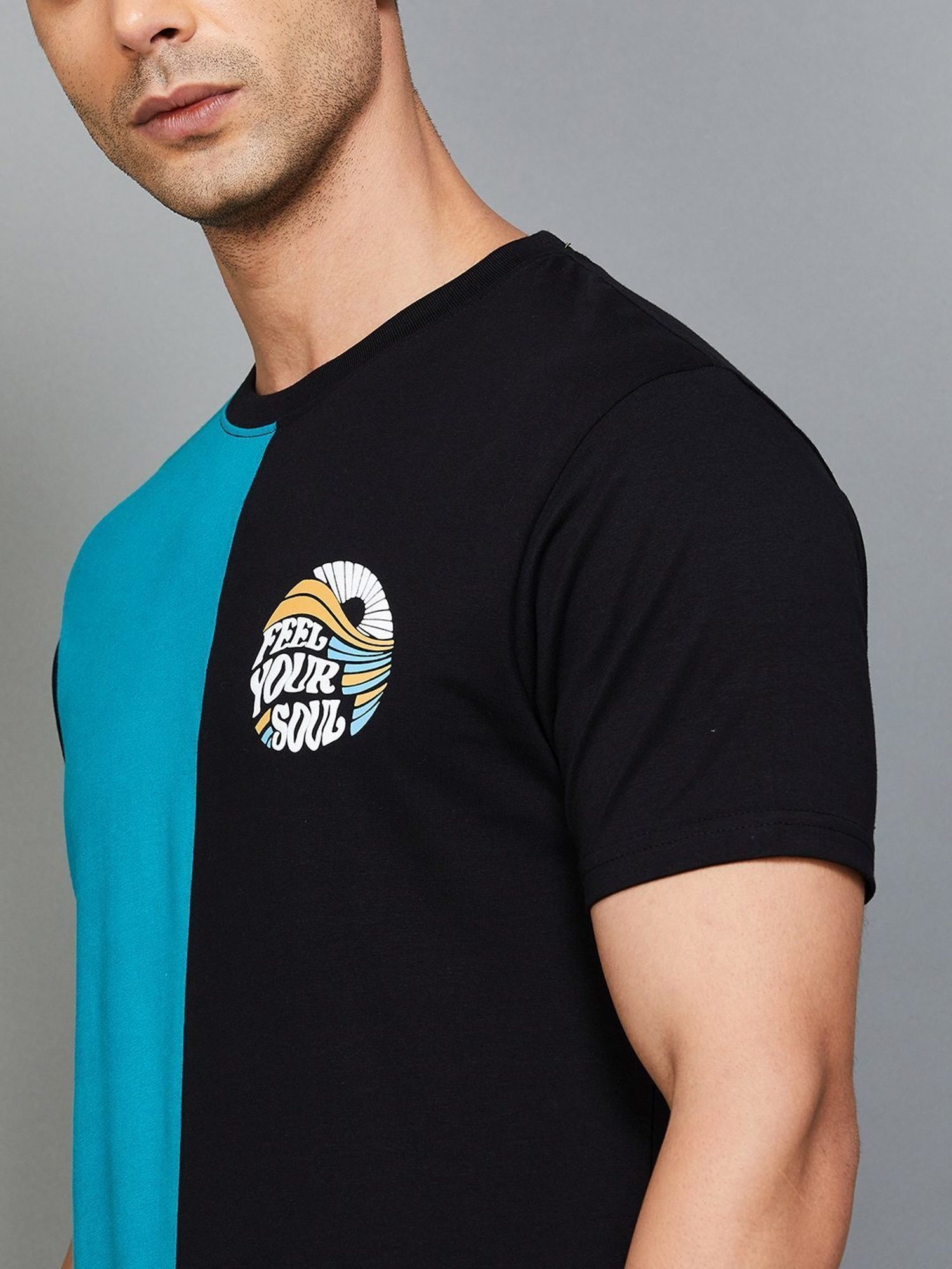 BOSSINI Teal Cotton Regular Fit Colour Block T-Shirt