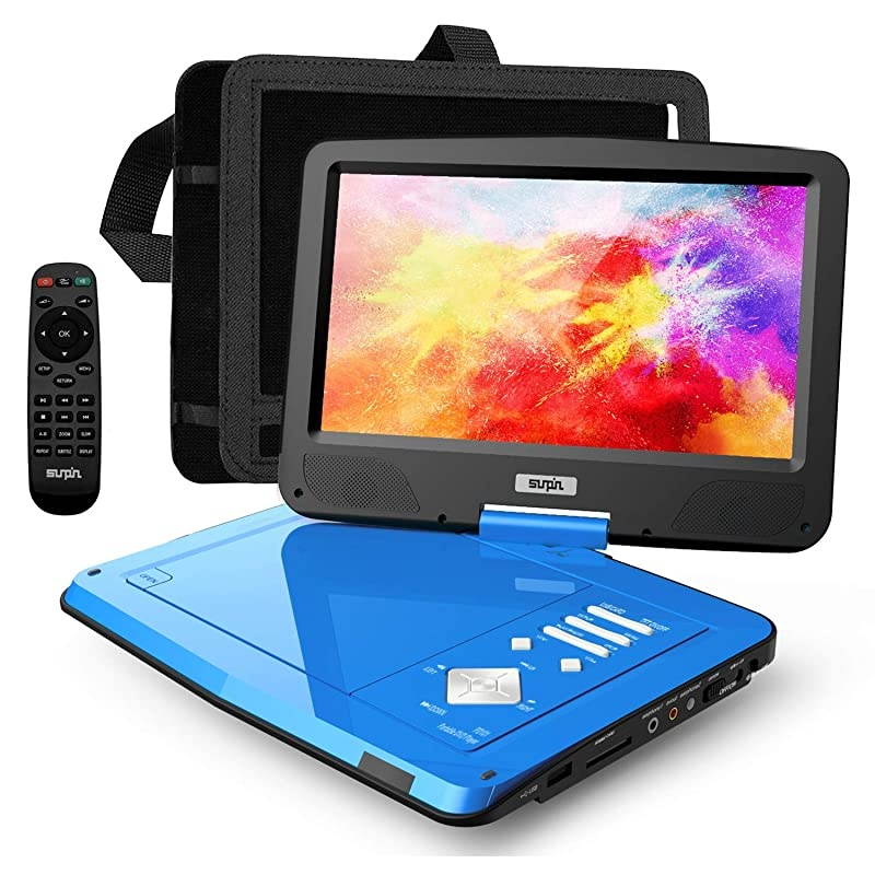 125 Portable DVD Player for Car and Kids with Headrest Mount 101 HD Screen 5 Hours Rechargeable Battery Remote Control Car Charger Wall Charger Region Free Ideal for Road Trip Blue