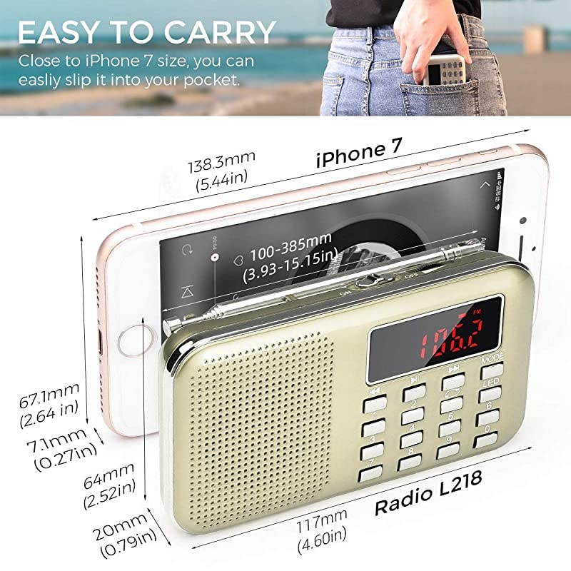 J908 Mini Portable Pocket AM FM Radio with LED Flashlight Digital Radio Speaker Music Player Support Micro SDTF CardUSB Auto Scan Save 1200mAh Rechargeable Battery OperatedGold