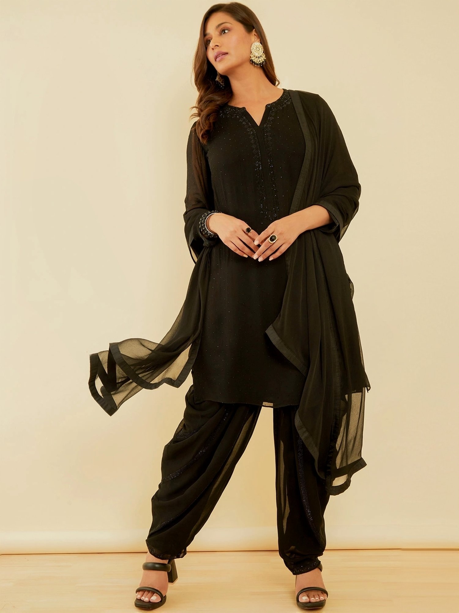 Soch Coal Black Embellished Kurti Dhoti Pant Set With Dupatta