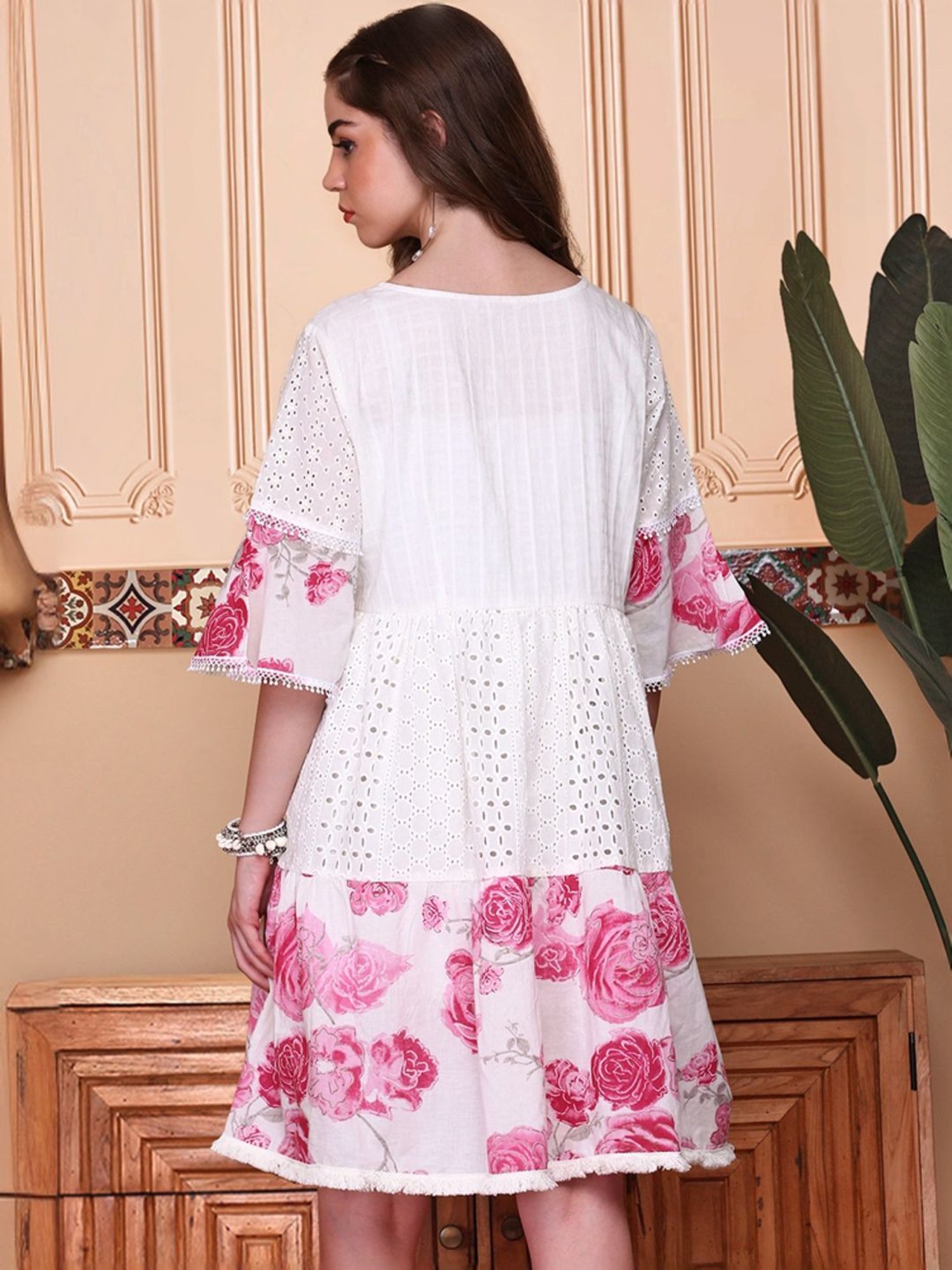 Ishin White & Pink Cotton Floral Print A-Line Dress