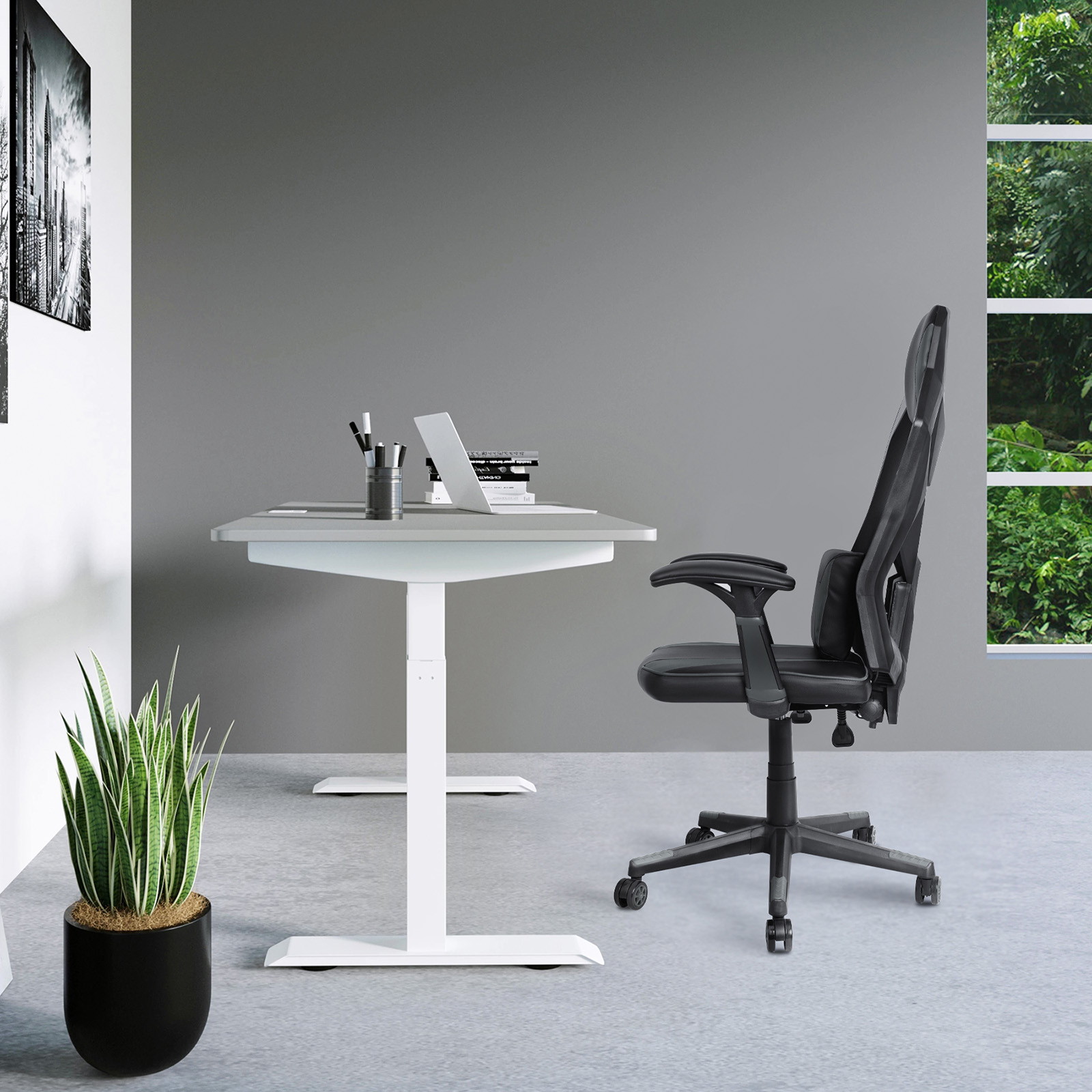 YOUTHUP Office Chair Functional Ergonomic Leather Gaming Chair Swivel Rolling Computer Desk Chair with Lumbar Support,Black and Grey