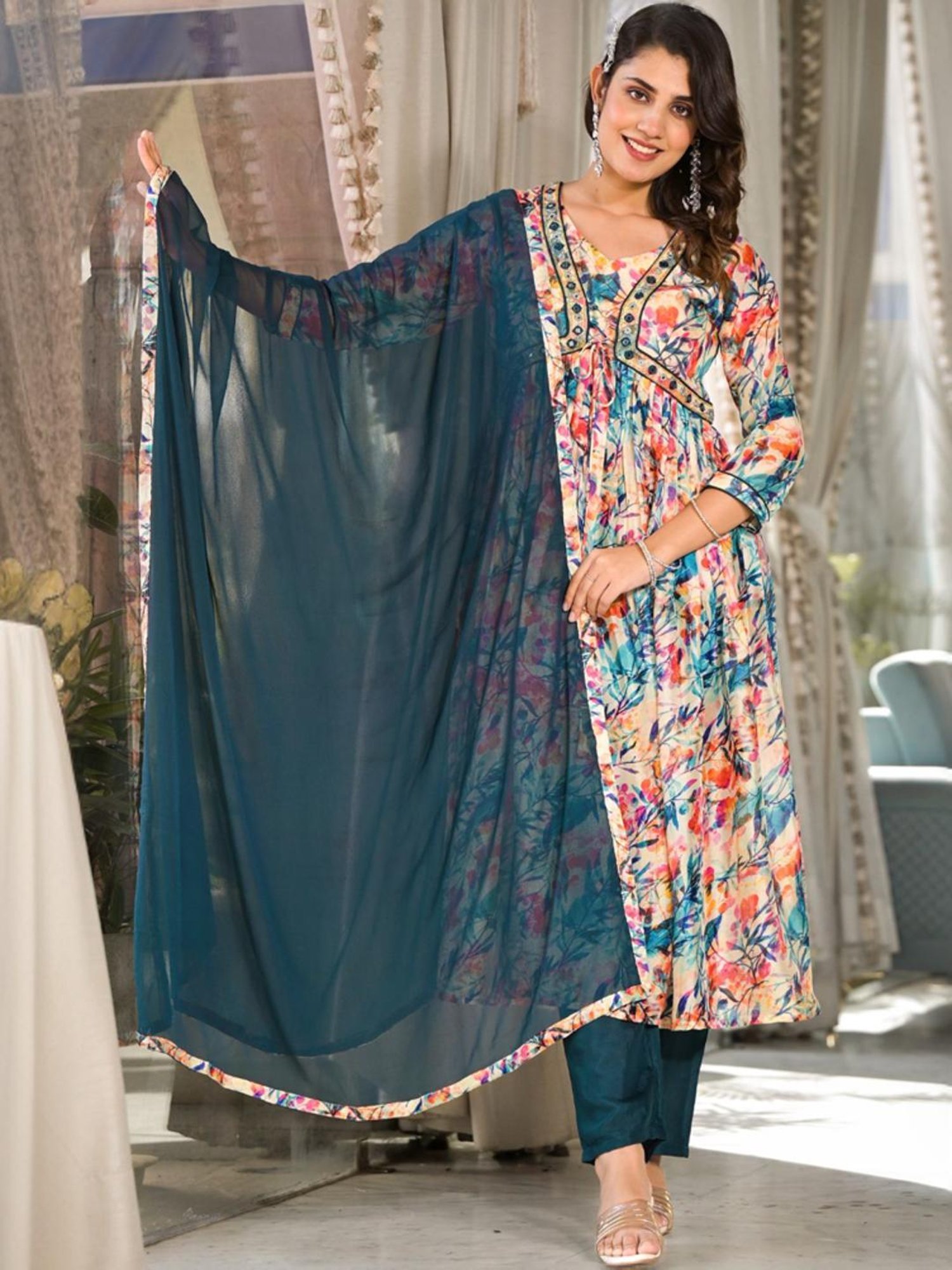 Odette Beige & Green Floral Print Kurta Pant Set With Dupatta