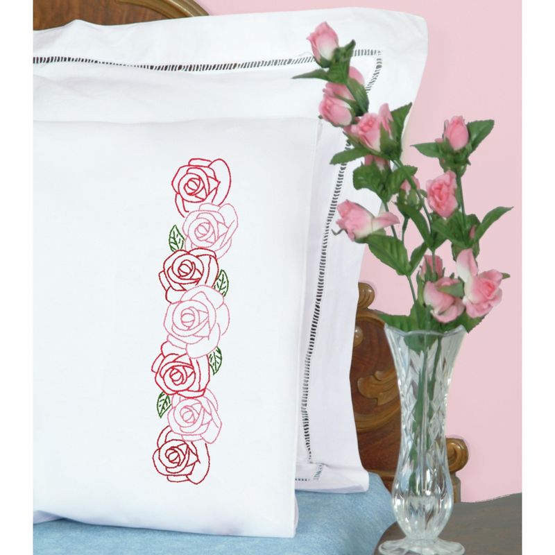 Jack Dempsey Stamped Pillowcases W/White Perle Edge 2/Pkg-Rose Garden
