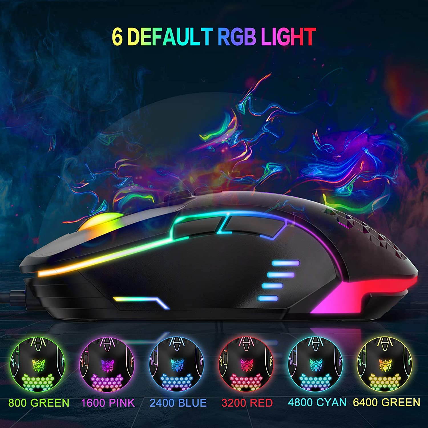 Gaming Mouse Wired, RGB Backlit 6400 DPI Adjustable gaming mouses, Grip Ergonomic Optical PC Computer Gaming Mice ,7 Buttons for Windows 7/8/10/XP Vista Linux (Black)