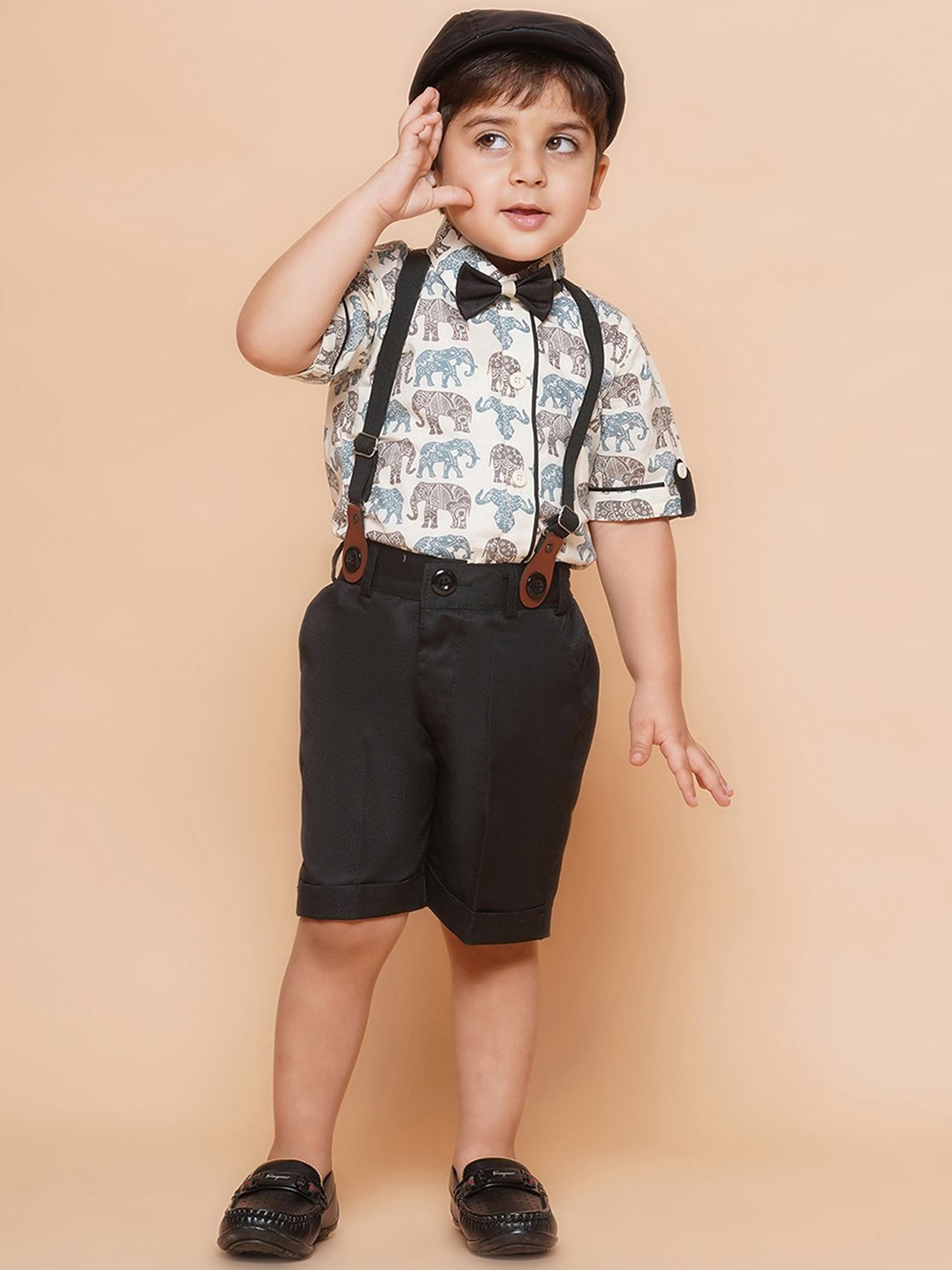 AJ Dezines Kids Black & White Printed Shirt, Shorts, Suspender, Bow with Cap