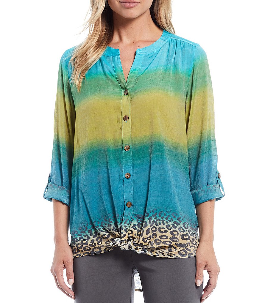Multiples Petite Size Ombre Cheetah Print Band Notch Neckline Roll-Tab Sleeve Button Down Tie-Front Top