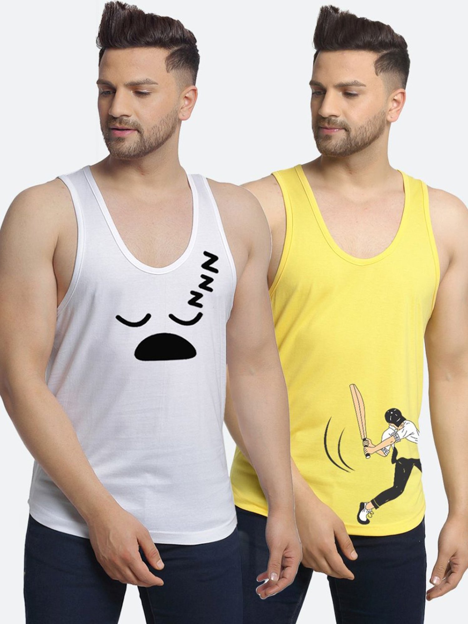 Friskers Multi Cotton Slim Fit Printed Gym Vest - Pack of 2