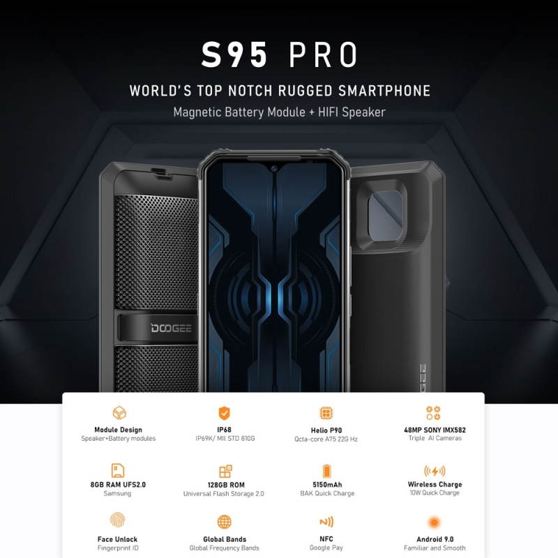 DOOGEE S95 Pro Rugged Phone, 48MP Camera, 8GB+128GB IP68/IP69K Waterproof Dustproof Shockproof, MIL-STD-810G, 5150mAh 6.3 inch Network: 4G, NFC, OTG, SOS, Wireless Charging Smartphone