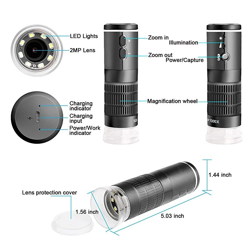 WiFi USB Digital Microscope HD 1080P Resolution 50 to 1000x Wireless Magnification Endoscope 8 LED Mini Camera with Updated Stand Portable Case Compatible with iPhone iPad Android Mac Windows