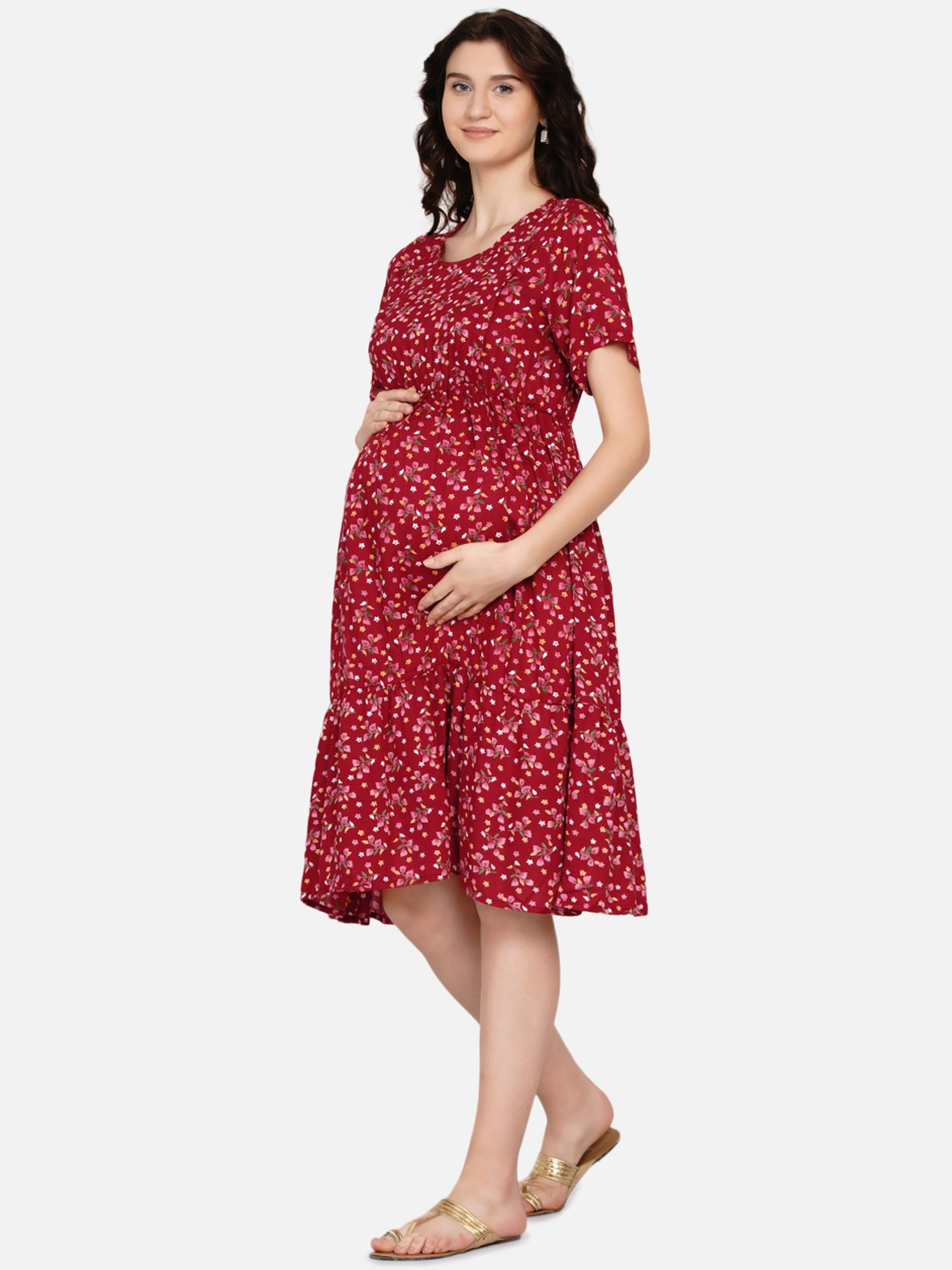 Mine4Nine Maroon Floral Print Maternity Dress