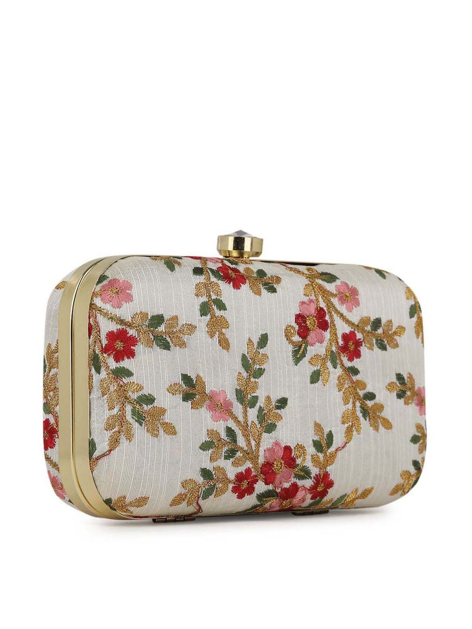 Gaurapakhi White Embroidered Minaudiere Clutch