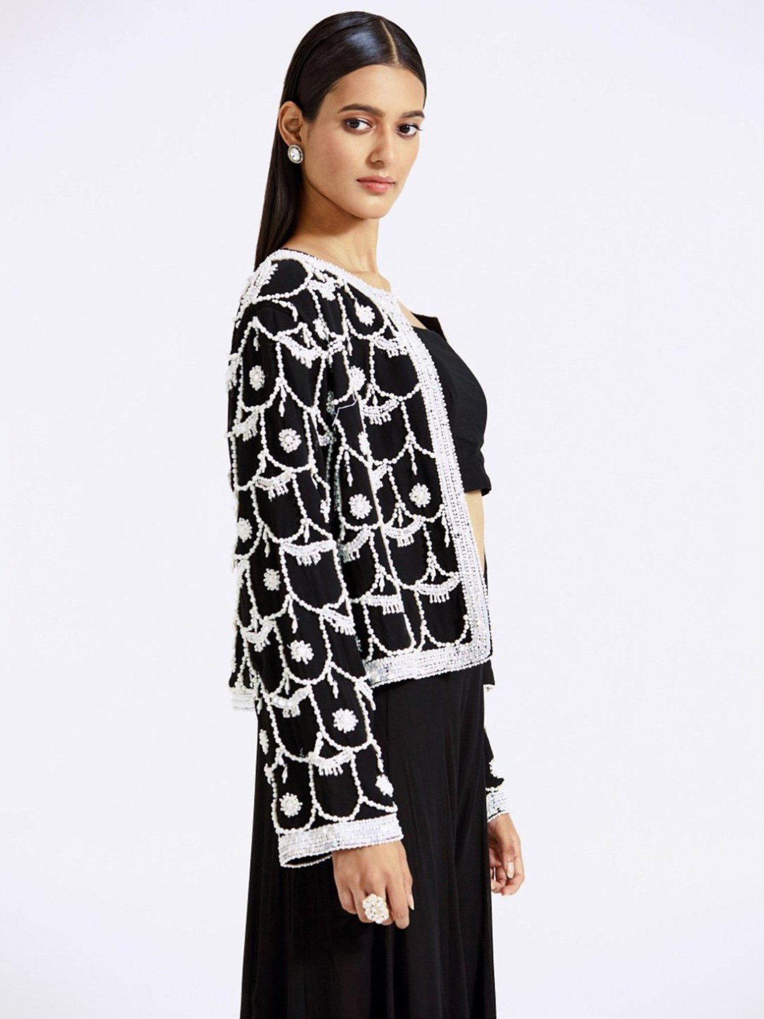 Basanti Kapde aur Koffee Black Evolve Georgette Jacket with Sharara and Bustier