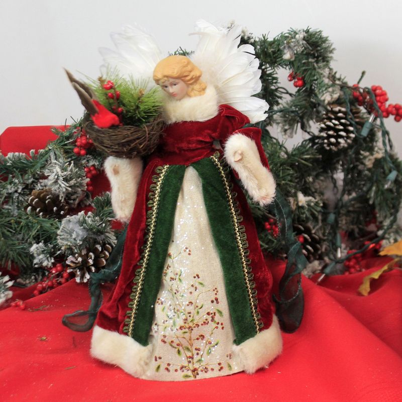 Tree Topper Finial 12.0" Angel With Cardinal Tree Topper Bird Nest Heavenly  -  Tree Toppers