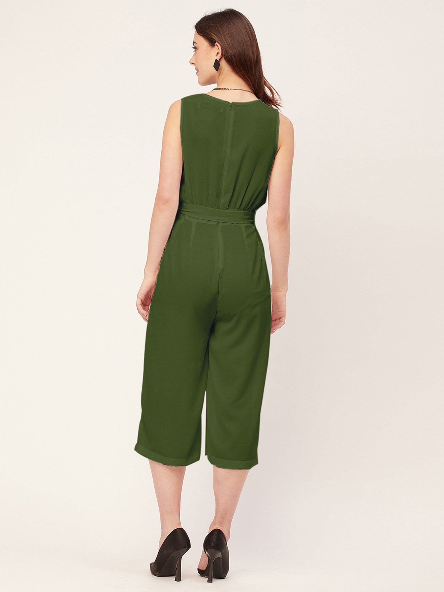 Moomaya Olive Georgette Midi Jumpsuit