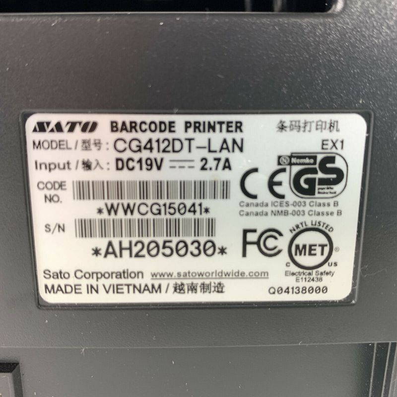 Small Portable Shipping Thermal Transfer Label Printer 4x6 SATO CG412DT LAN 300 dpi WWCG15041 NO AC Adapter