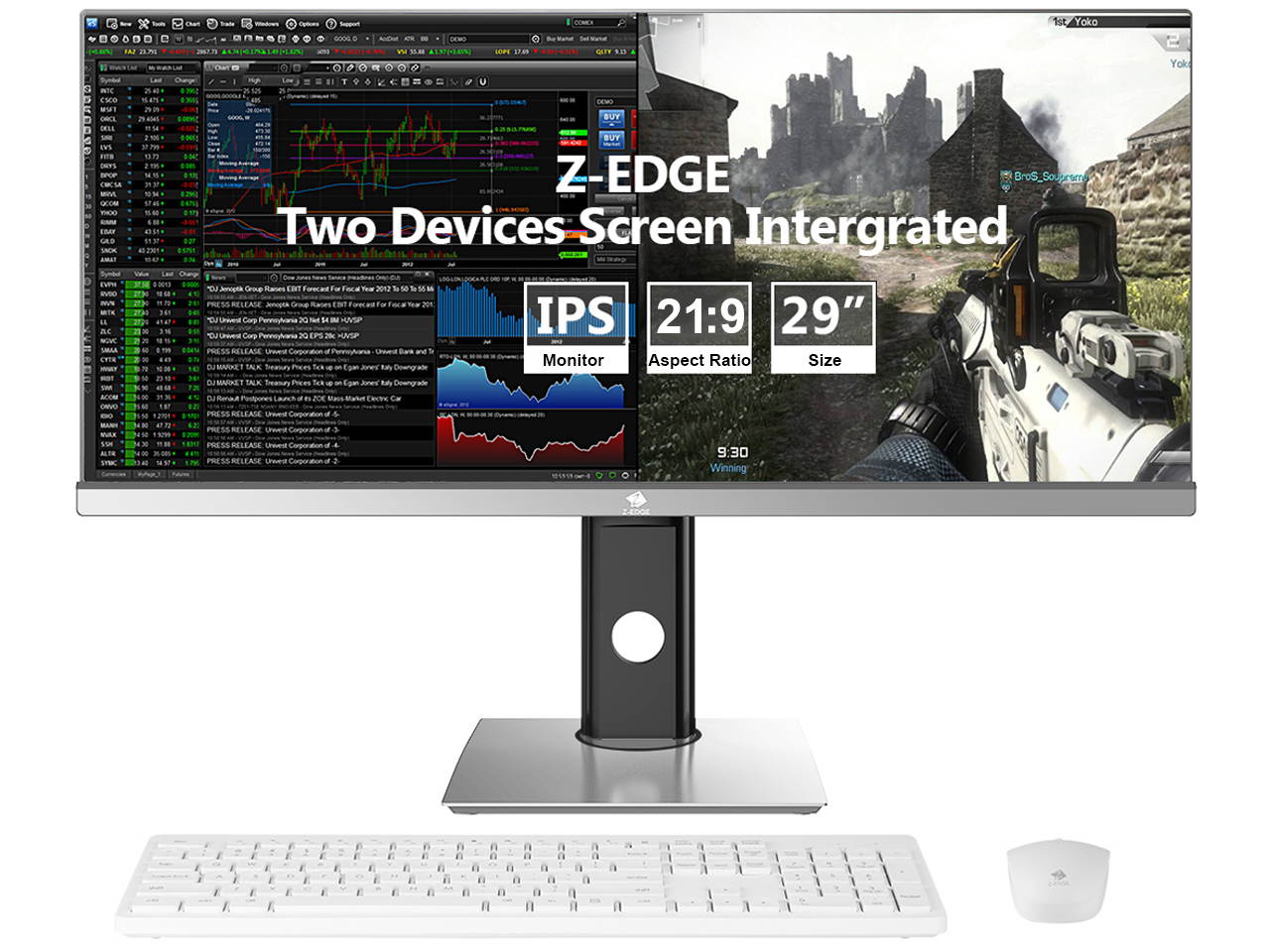 Z-EDGE U29IAB 29" Ultrawide 2560 x 1080 WFHD 21:9 Aspect Ratio 100Hz Refresh Rate 4 ms MPRT IPS Monitor, HDMIx2+DP, Built-in Speakers, with Wireless Keyboard & Mouse