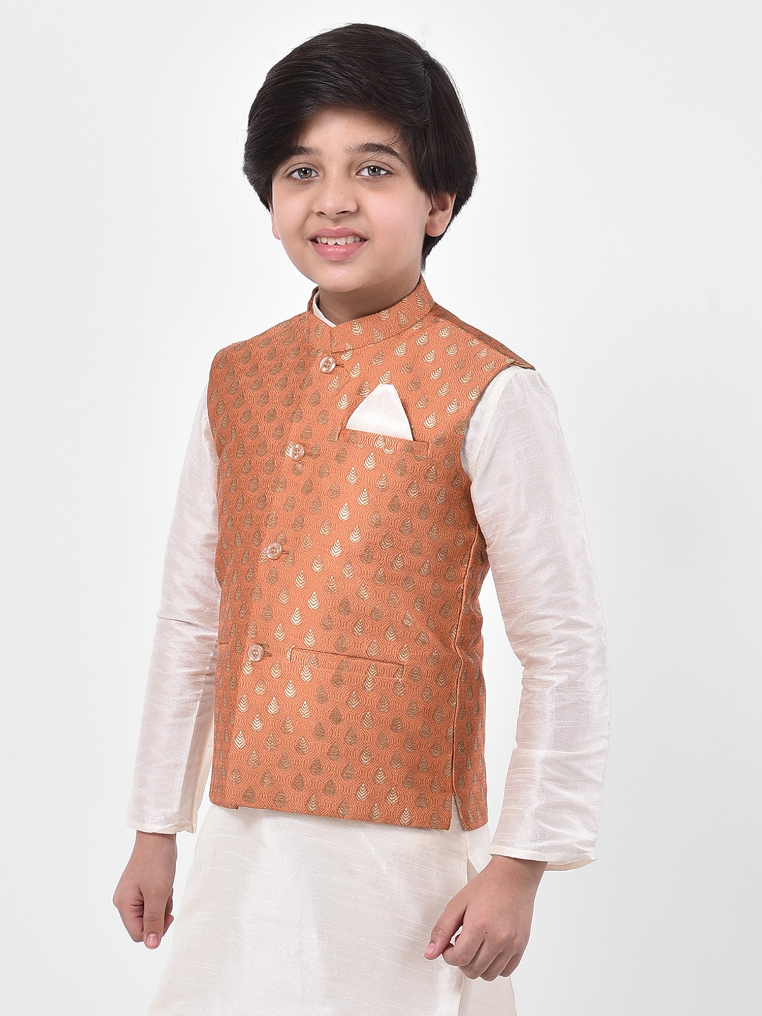 Deyann Kids Peach Embroidered Nehru Jacket