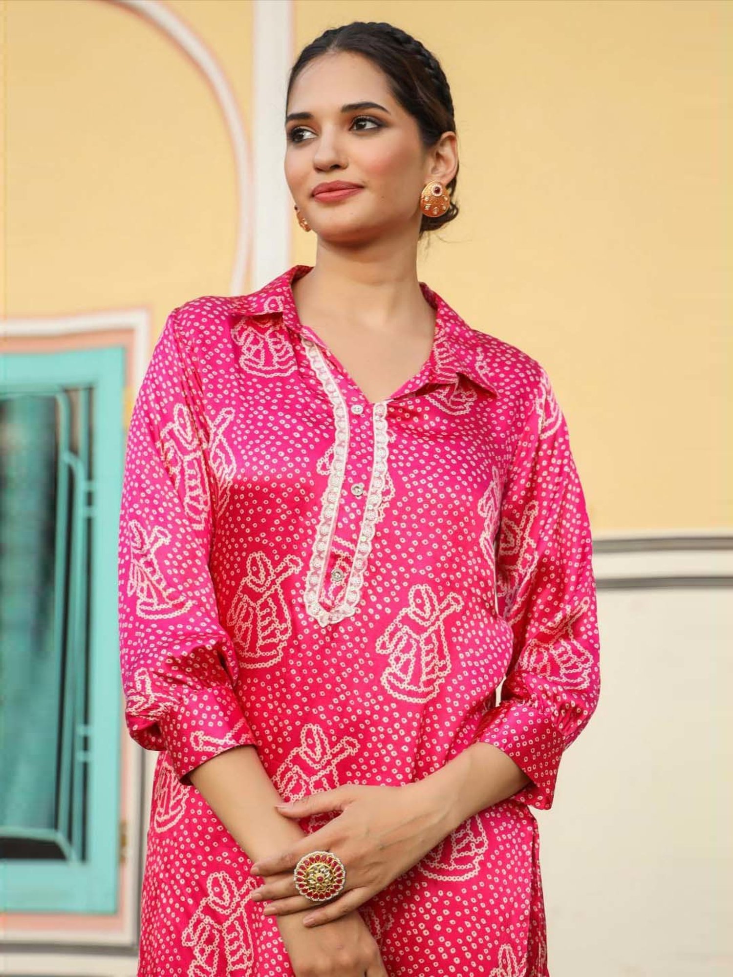 SCAKHI Rani Pink Printed Tunic Pant Set