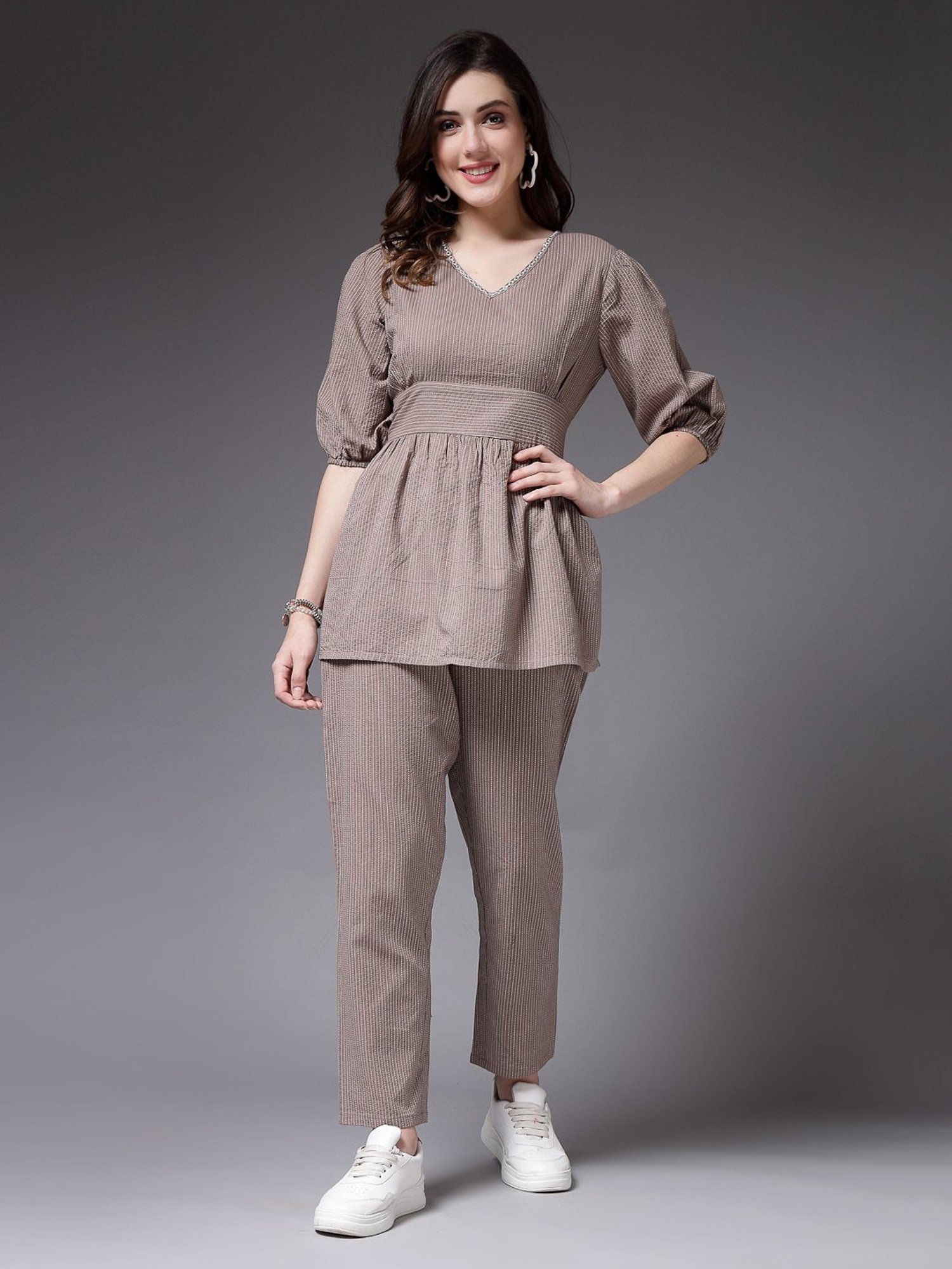 Stylum Beige Cotton Embroidered Top & Pant Set