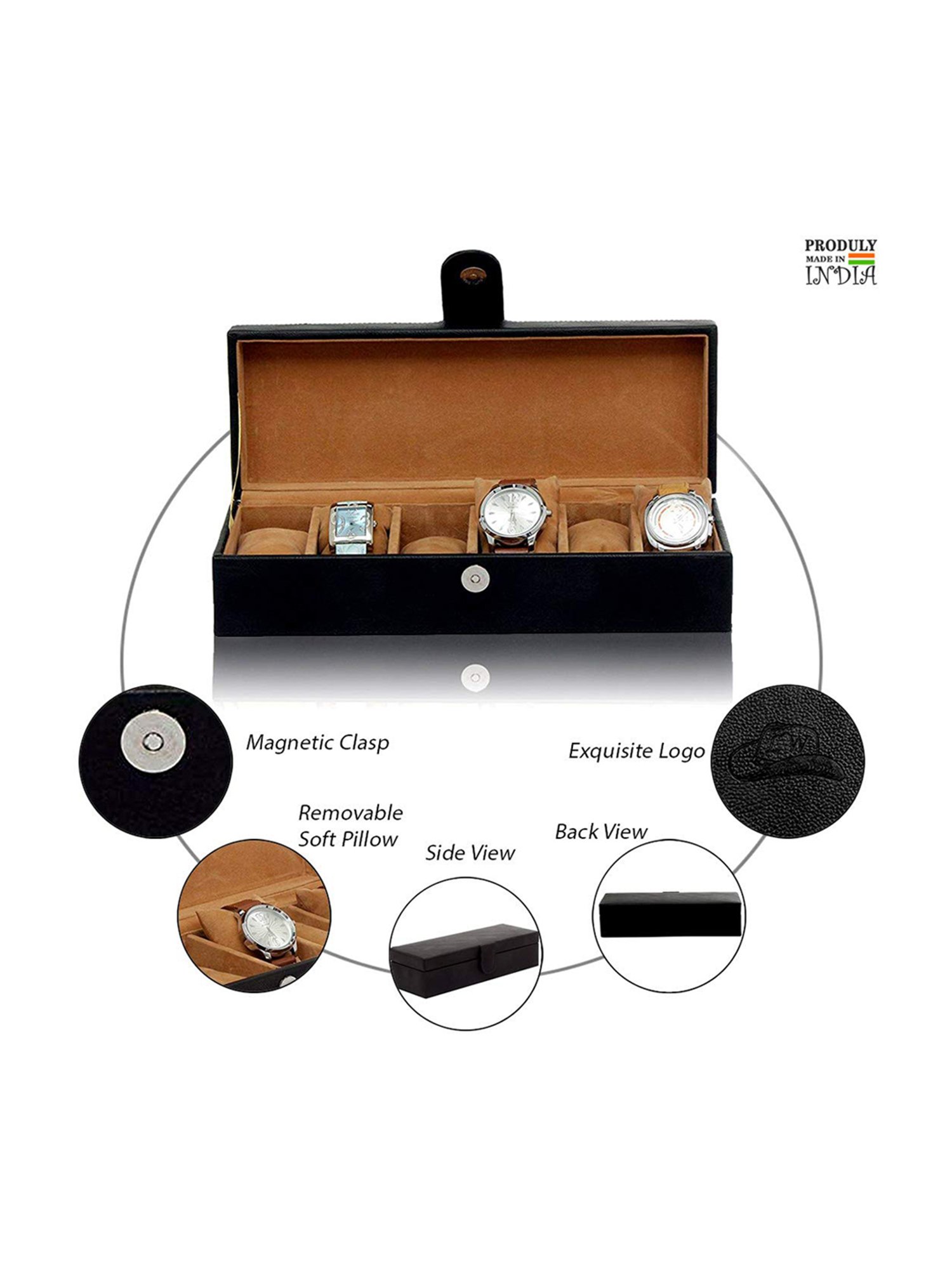 Leather World Black Watch Box Holder Organizer Case in 6 Slots