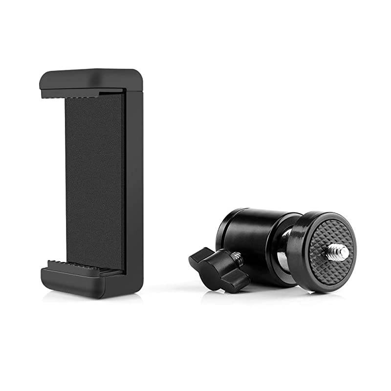 Phone Holder Clip and Ball Head Adapter Set for Tripod and Selfie Stick with 14 Screw Universal Tripod Mount Camera Tripod Ball Head 360 Degree Swivel Phone Tripod Mount Set