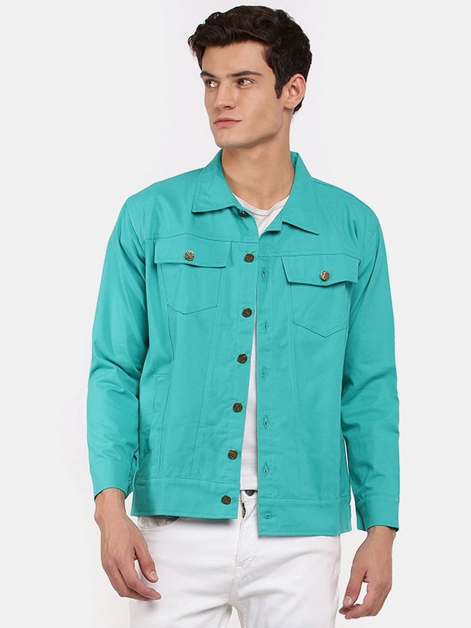 VOXATI Turquoise Full Sleeves Shirt Collar Denim Jacket