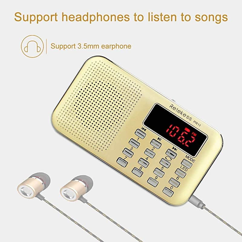 PR11 AM FM Radio Portable, Rechargeable Transistor Radios Small with Headphone Jack, MP3 Music Player Speaker Support TF USB AUX Port (Gold)