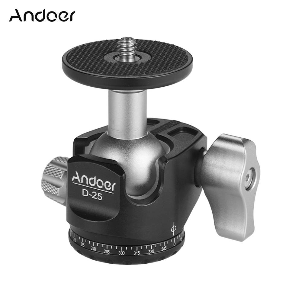 Andoer D-25 CNC Machining Aluminum Alloy Double Notch Ball Head Mini Ballhead Low Center of Gravity for Manfrotto etc Tripod Monopod for Canon Nikon Sony DSLR ILDC Cameras Max Load Capacity 10kg