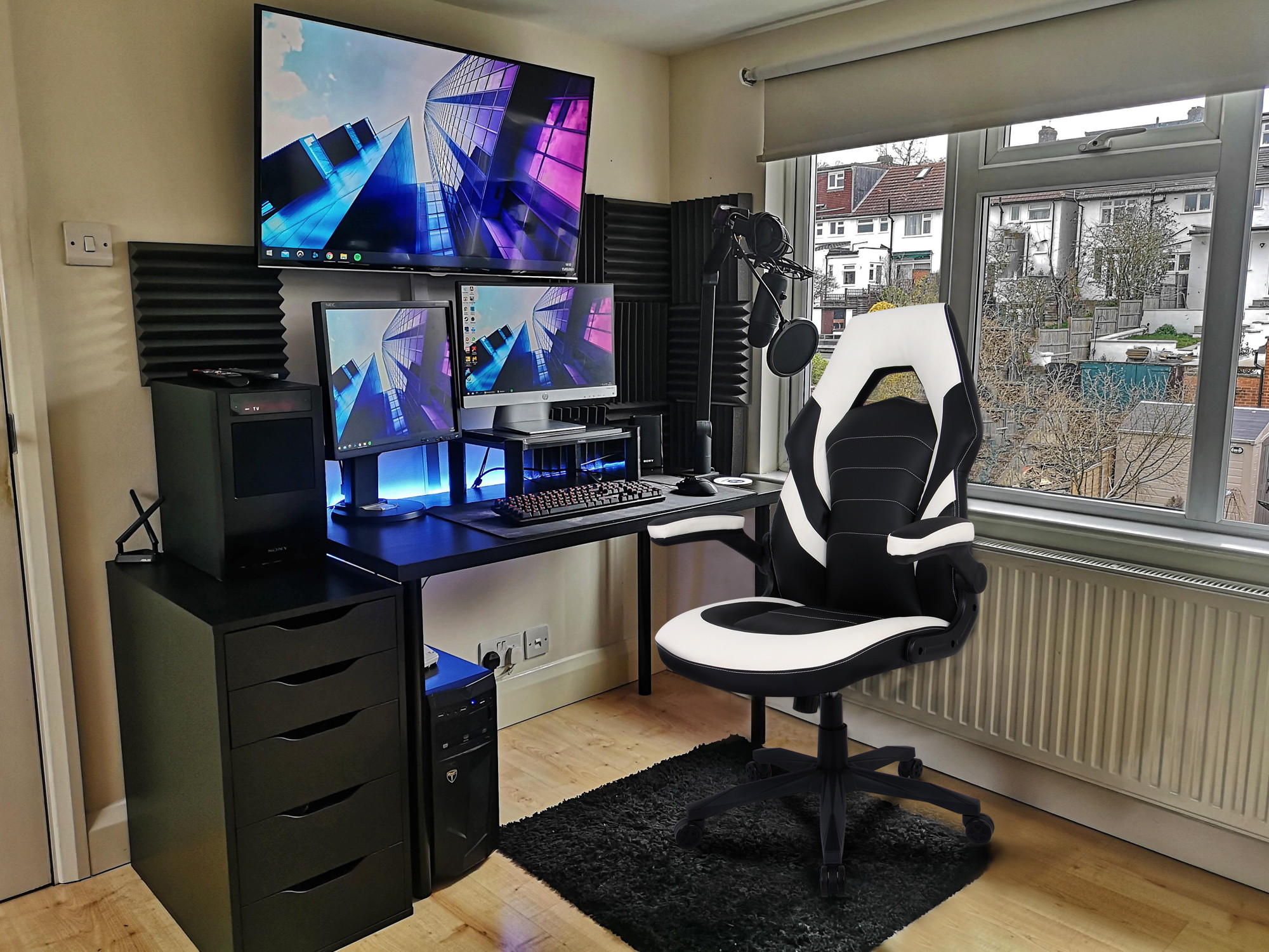 RIMIKING Bonded Leather Racing Ergonomic Gaming Chair Executive Computer Desk Office Chair with Height Adjustable 360&deg;Swivel Flip-up Arms Lumbar Support