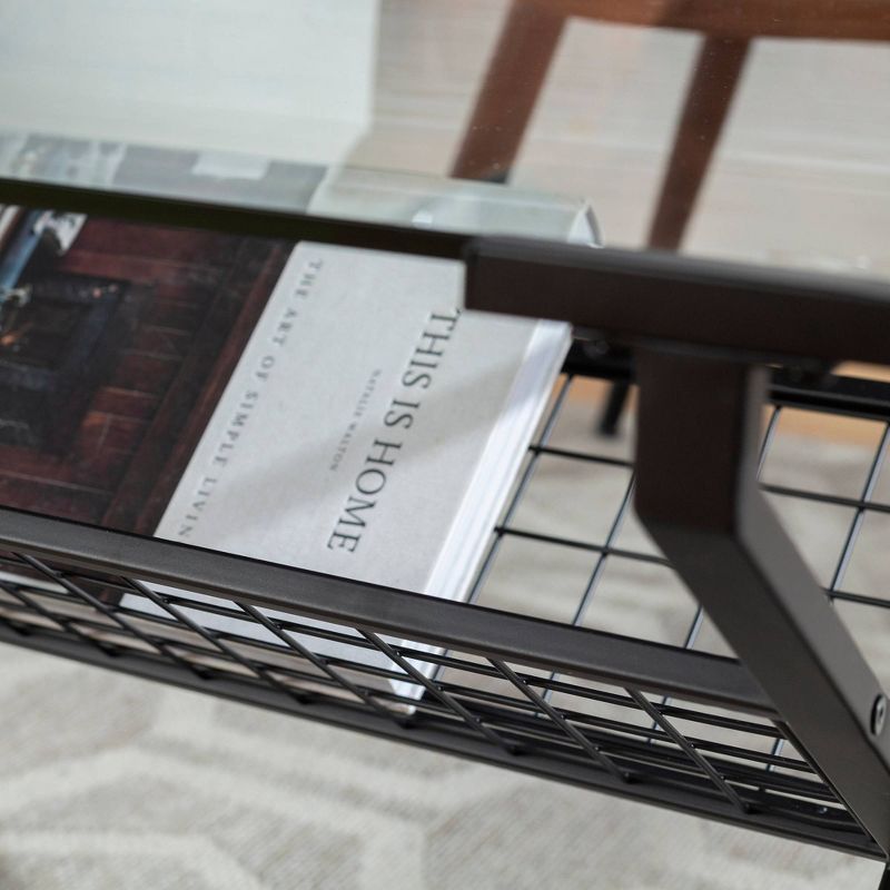 Modern Metal & Glass Coffee Table with Magazine Holder Black - Saracina Home