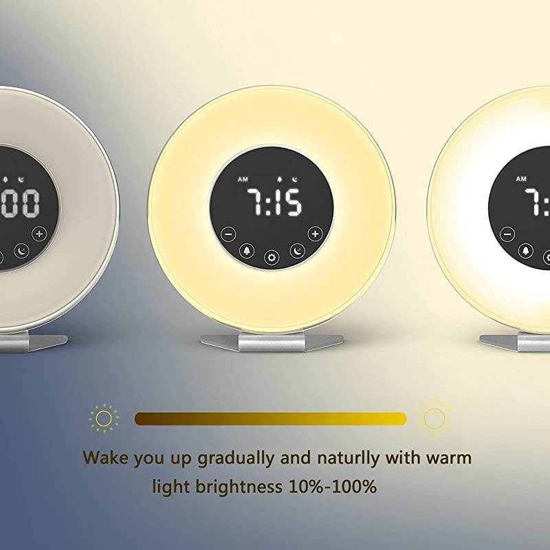 Alarm Clock Wake 6 Nature Sounds FM Radio Color Light Bedside Sunrise SimulatorTouch Control for Heavy SleepersWhite
