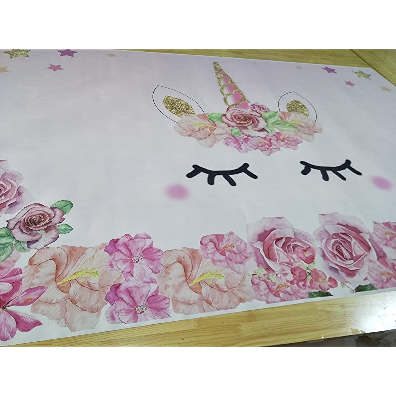 7x5FT Vinyl Backdrop Pink Unicorn Party Photography Background Roses Flowers Edge Pattern Sweet Cute Gold Star Background Birthday Baby Shower Ifant Toddlers Girls Photo Backdrop Studio Props