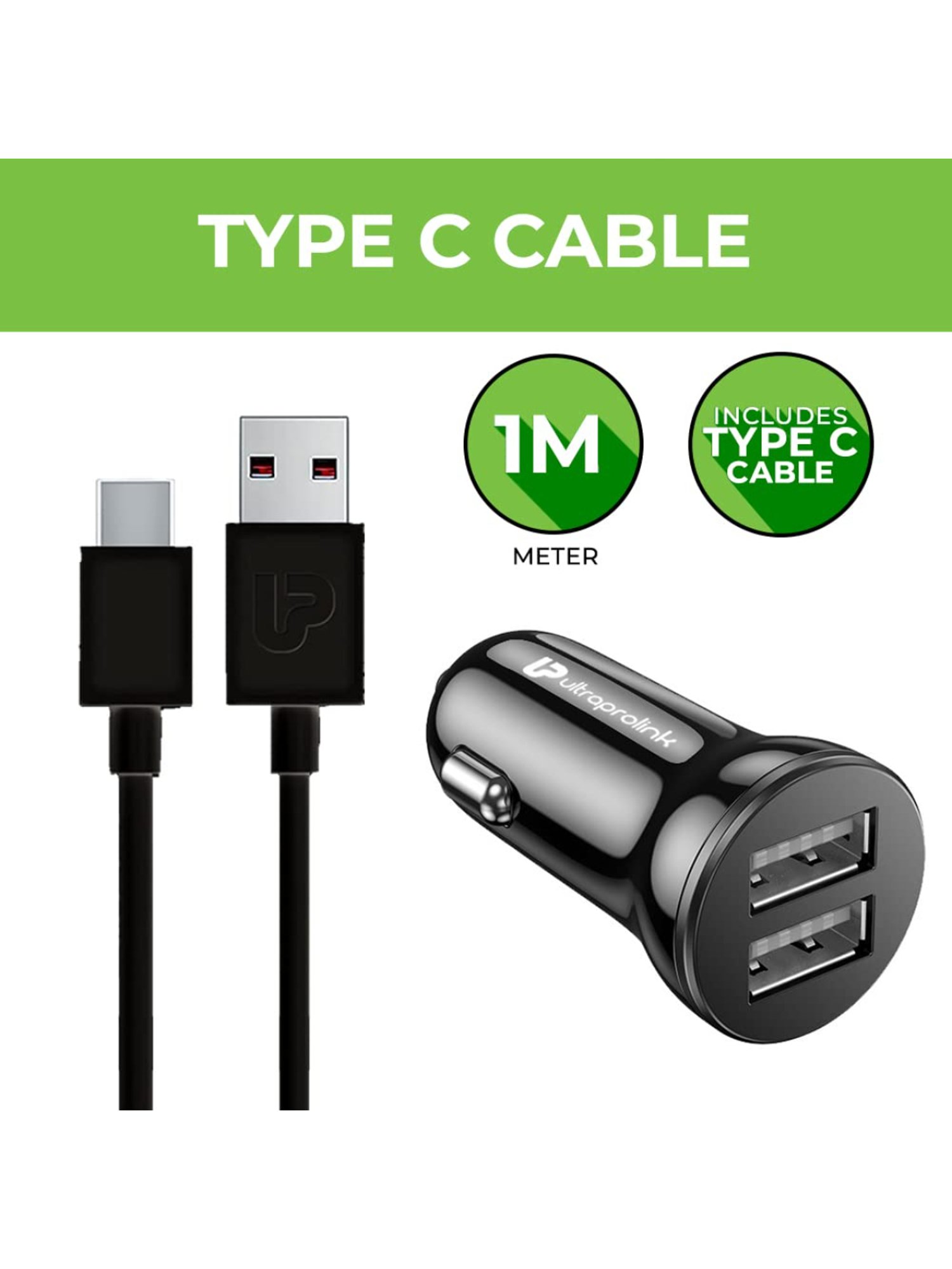 UltraProlink Mach12 UM1144C Fast Car Charger with Dual USB Ports, 2.4A/12W with Type C 1M Cable