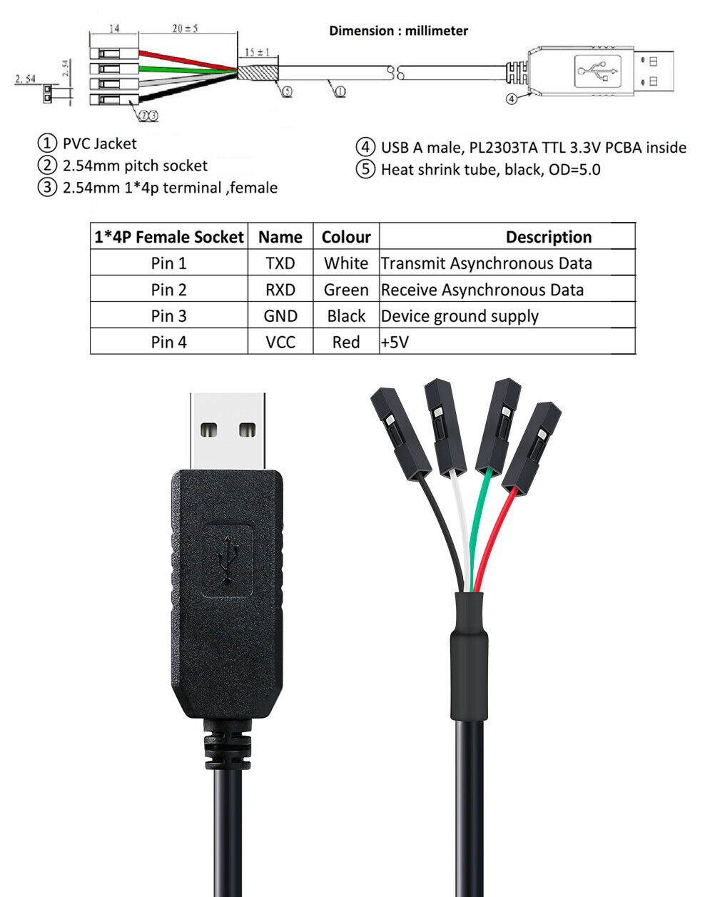 USB to TTL Serial Cable 3.3V TX RX 4 Pin Female Socket PL2303 Prolific Adapter