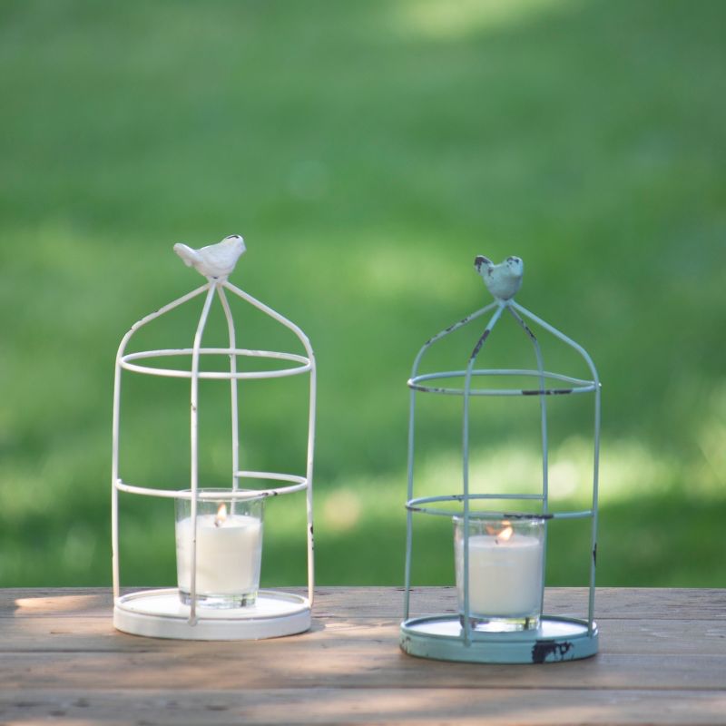 Set of 2 Rustic White and Mint Metal Wire Cage and Bird Pillar Candle Holders - Foreside Home & Garden