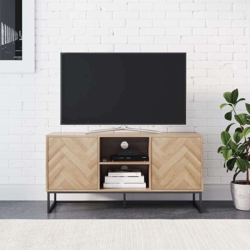 Dylan Media Console Cabinet or TV Stand with Doors for Hidden Storage in a Natural Reclaimed Herringbone Wood Pattern and Metal, Oak/Matte Black