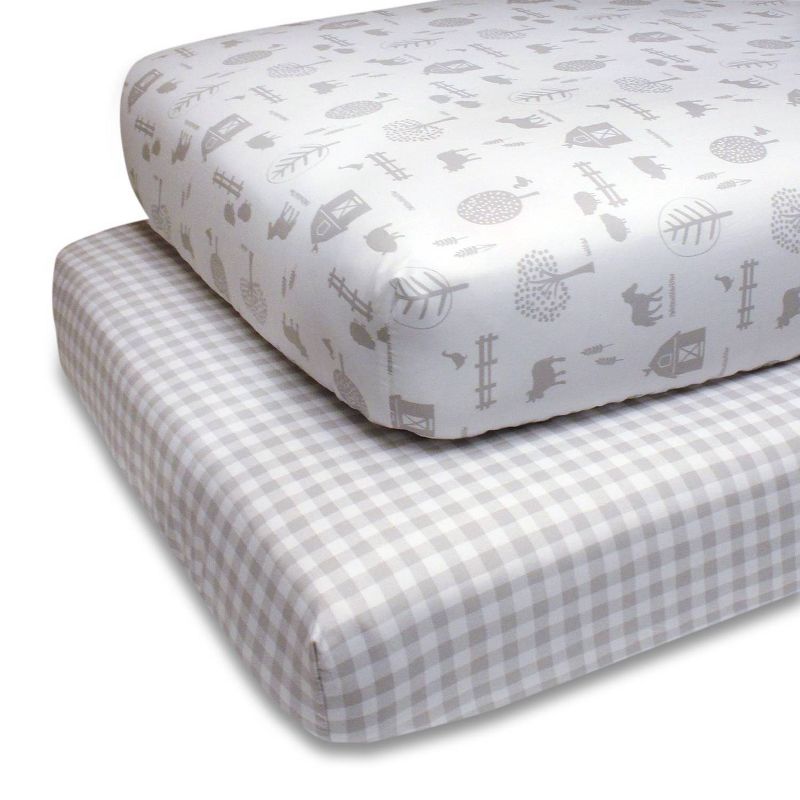 The Peanutshell Fitted Crib Sheets - Farm Allover/Gray Check 2pk