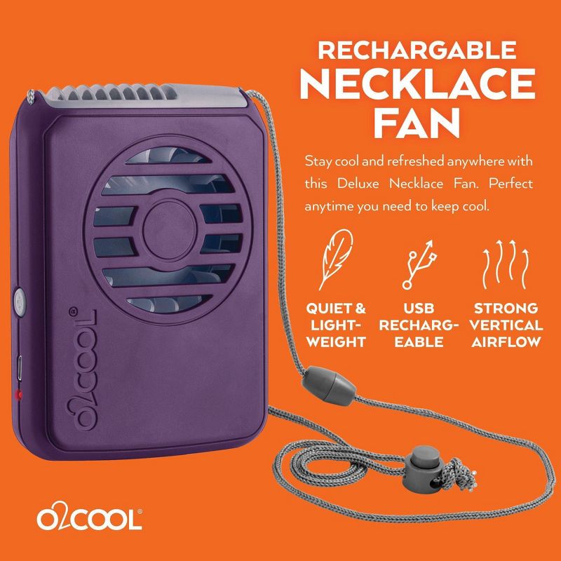 O2COOL Rechargeable Deluxe Necklace Fan with USB Cord Purple