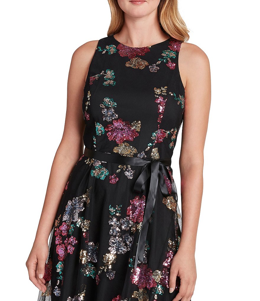 Tahari ASL Jewel Neck Sleeveless Floral Sequined Lace Cutaway Shoulder Tie Waist Midi Dress
