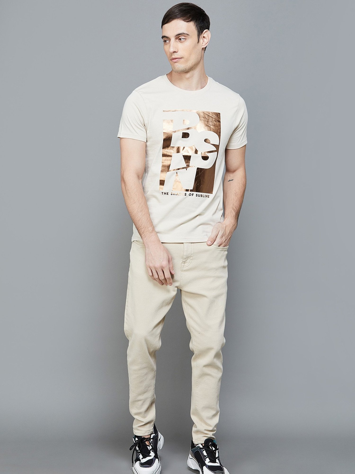 BOSSINI Beige Cotton Regular Fit Printed T-Shirt