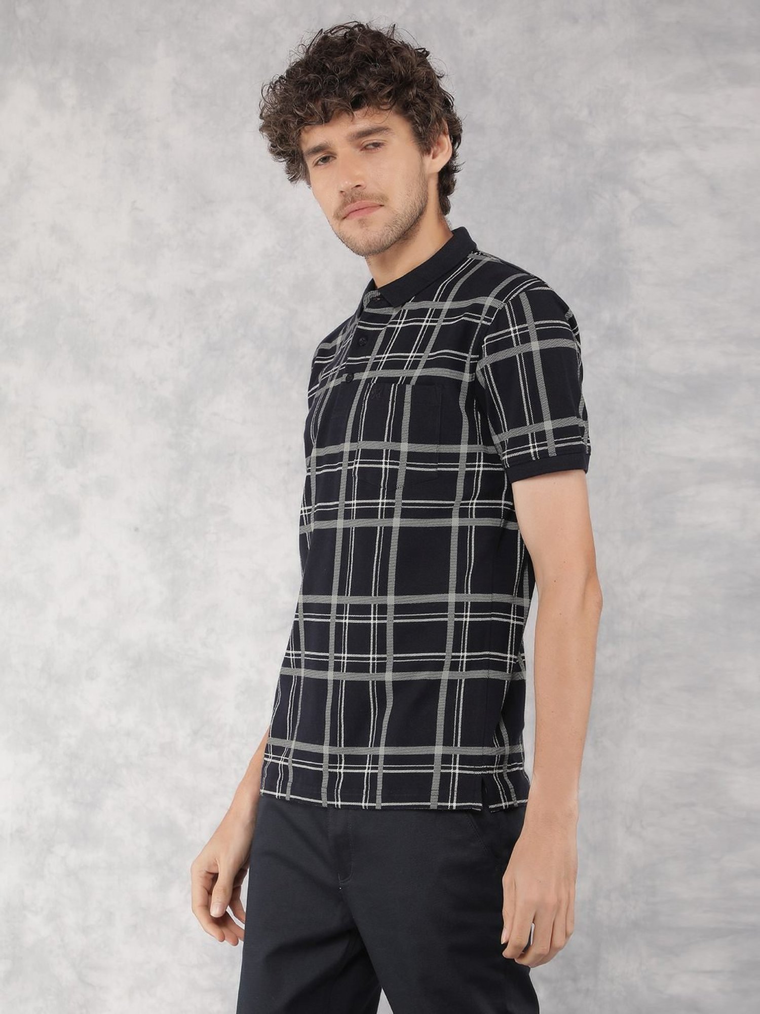 Crimsoune Club Navy Cotton Slim Fit Checks Polo T-Shirt