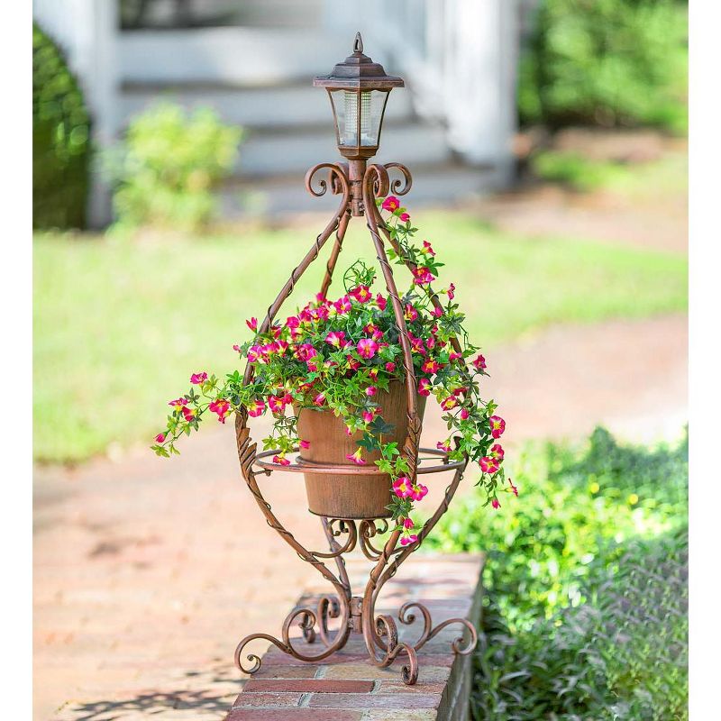 Wind & Weather Antiqued Wrought Iron Plant Stand with Solar Light