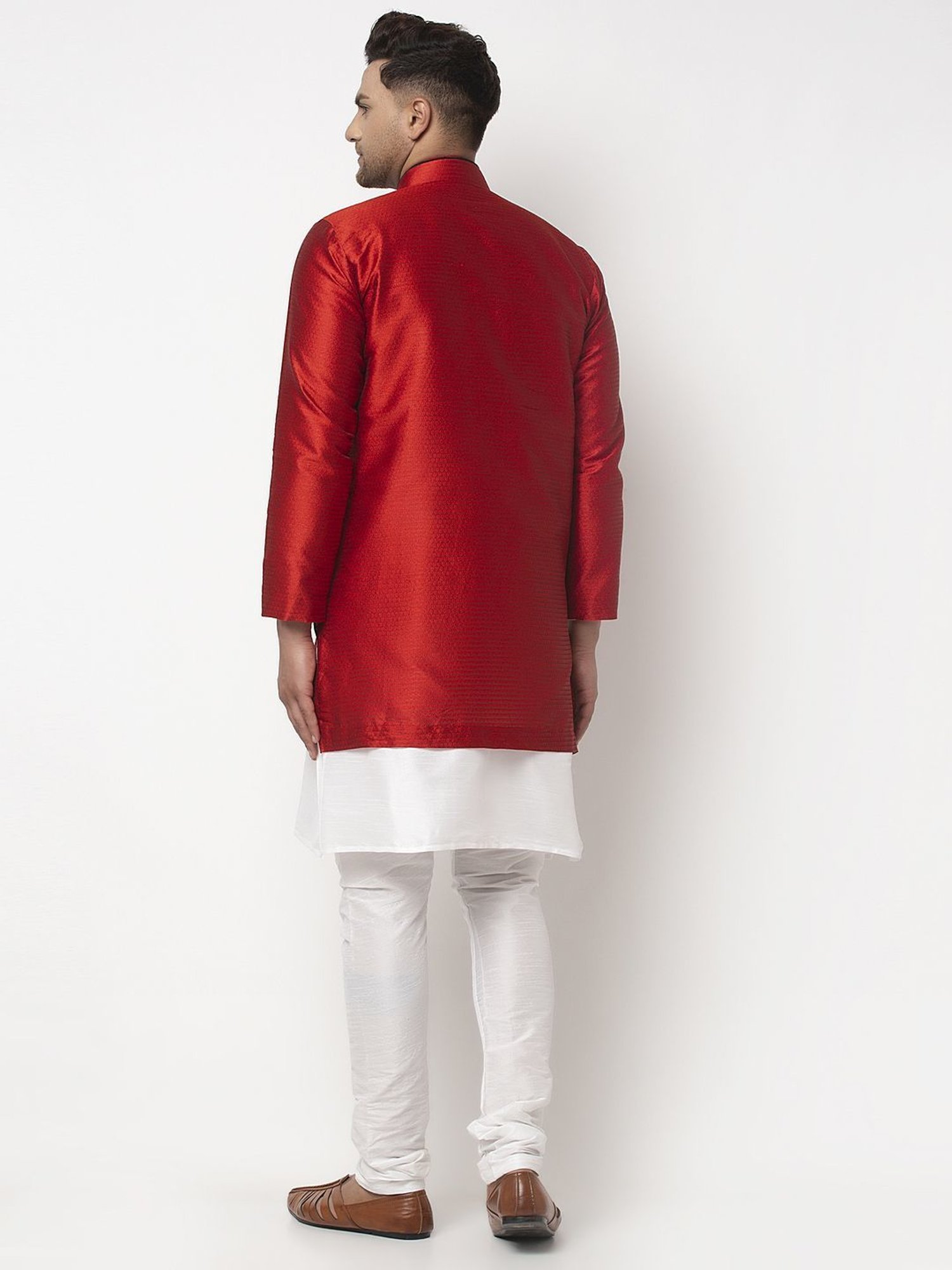 Benstoke White & Red Regular Fit Self Pattern Kurta Set With Jacket