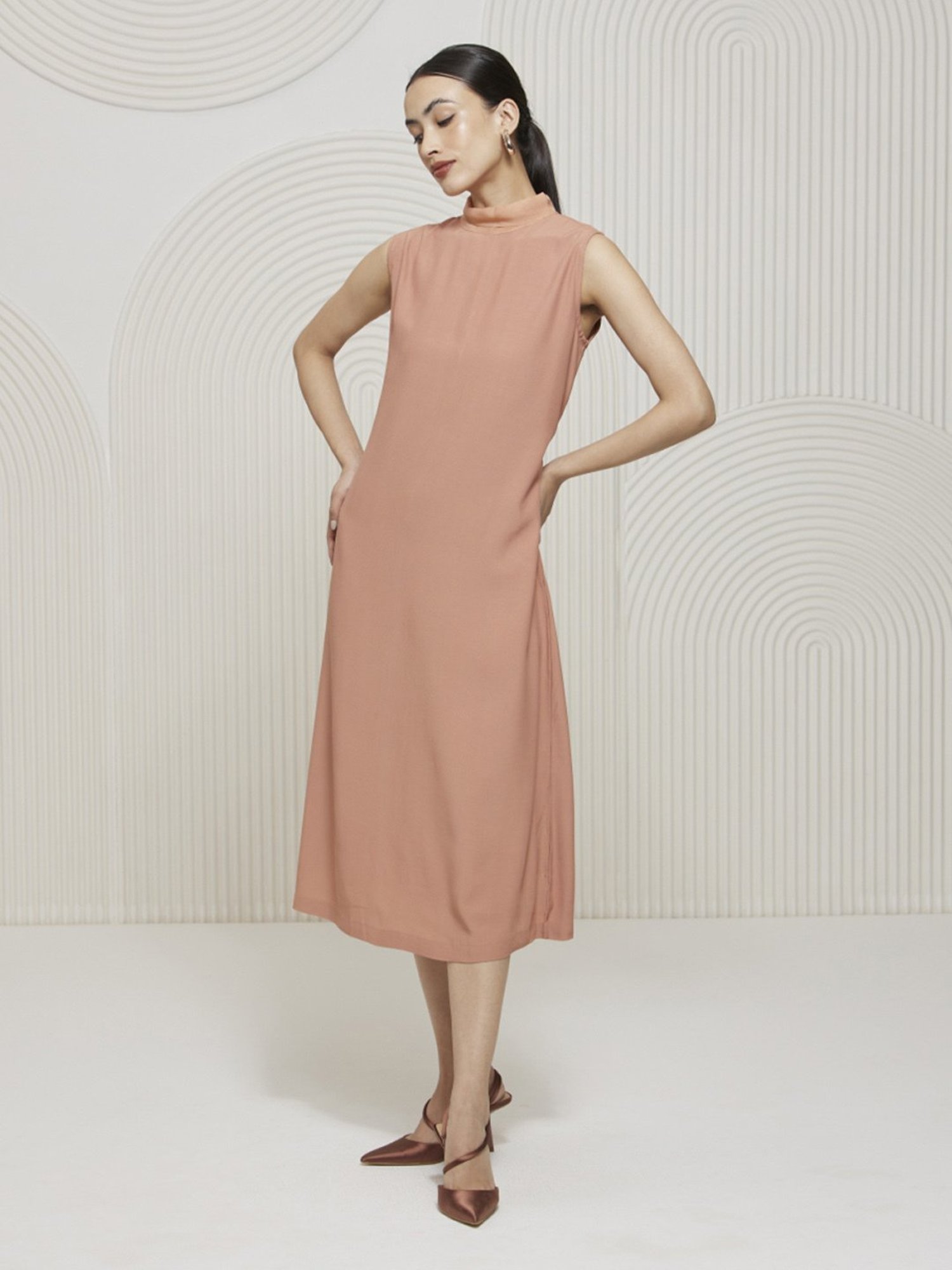 Artagai Salmon Pink Elevated Basics Mock Neck Midi Dress