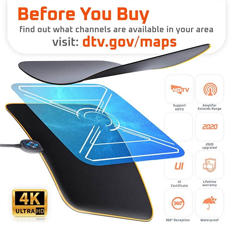 Latest Amplified HD Digital TV Antenna Long 180 Miles Range Support 4K 1080p Fire tv Stick and All Older TVs Indoor Smart Switch Amplifier Signal Booster 18ft Coax HDTV CableAC Adapter