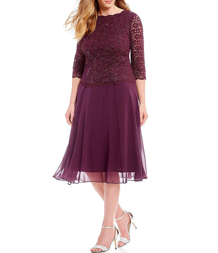 Alex Evenings Plus Size Sequin Lace 3/4 Illusion Sleeve Scallop Round Neck Bodice Chiffon Skirted Tea Length Dress